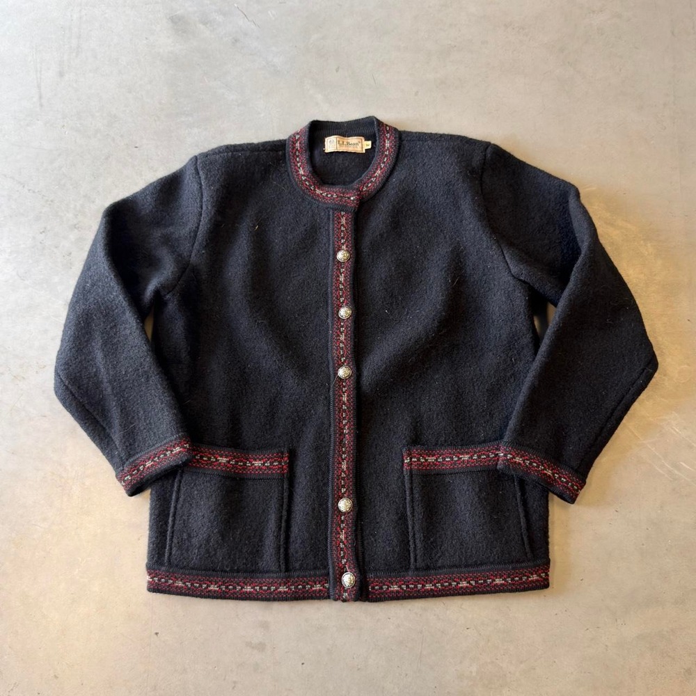 L.L. Bean Cardigan Sweater Womens M Black Boiled Wool Fair Isle Trim Vintage